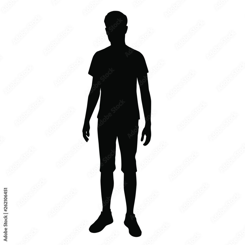 Vector silhouette of a teenager standing, black color, isolated on white background