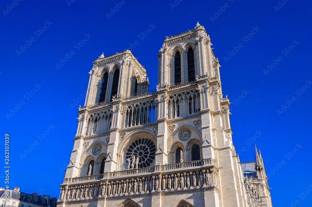PARIS, FRANCE - APRIL 15, 2019: Notre Dame de Paris cathedral, France. Gothic architecture