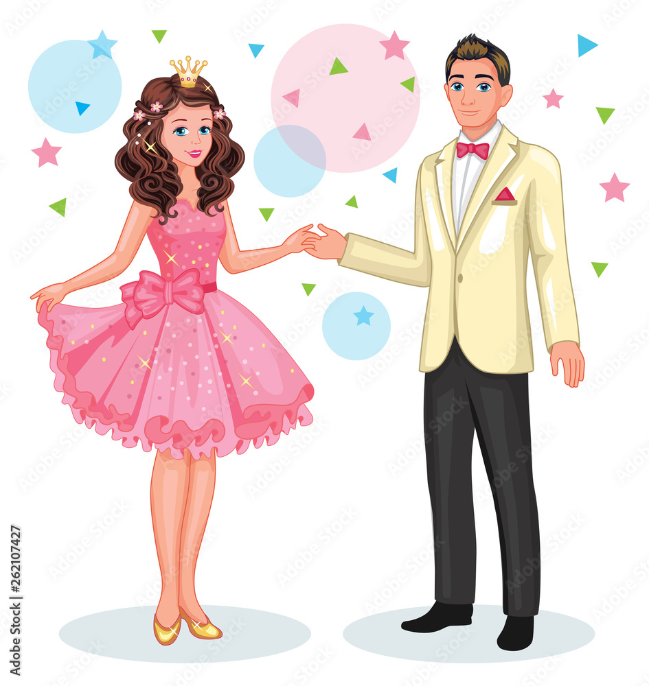A beautiful Princess and a young man. Dance at the prom. Isolated cartoon  illustration. School ball or carnival. Celebration of the event. A group of  teenagers or friends. Dance competition. Stock Vector |