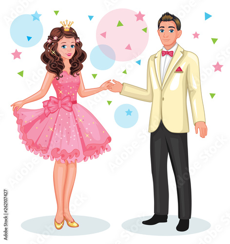 A beautiful Princess and a young man. Dance at the prom. Isolated cartoon ill...