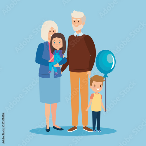 happy grandparents together with girl and son