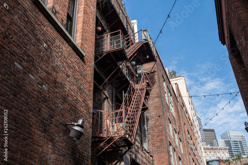 Fire escapes at the rear of an old building in downtown Seattle