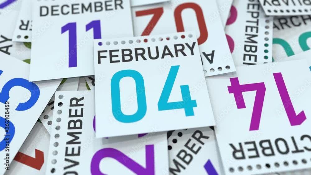 February 4 date on calendar leaf among other leaves, 3D animation February 4 date on calendar leaf among other leaves, 3D animation