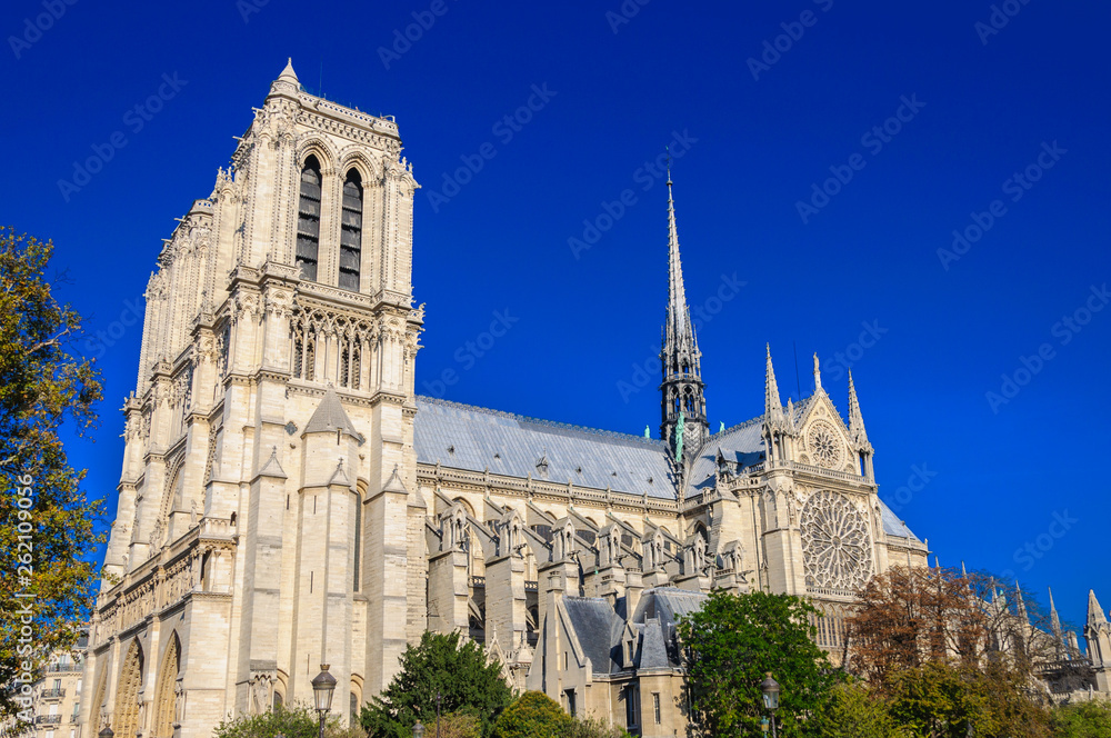 PARIS, FRANCE - APRIL 15, 2019: Notre Dame de Paris cathedral, France. Gothic architecture