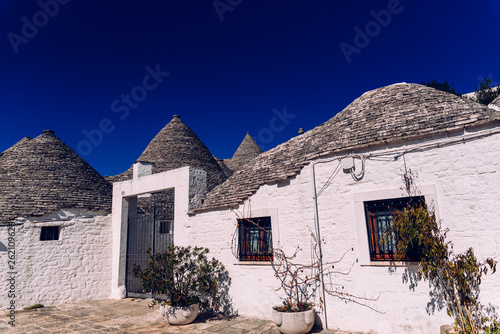 Houses of the tourist and famous Italian city of Alberobello, with its typical white walls and trulli conical roofs. photo