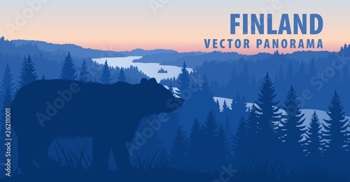 vector panorama of Finland with brown bear