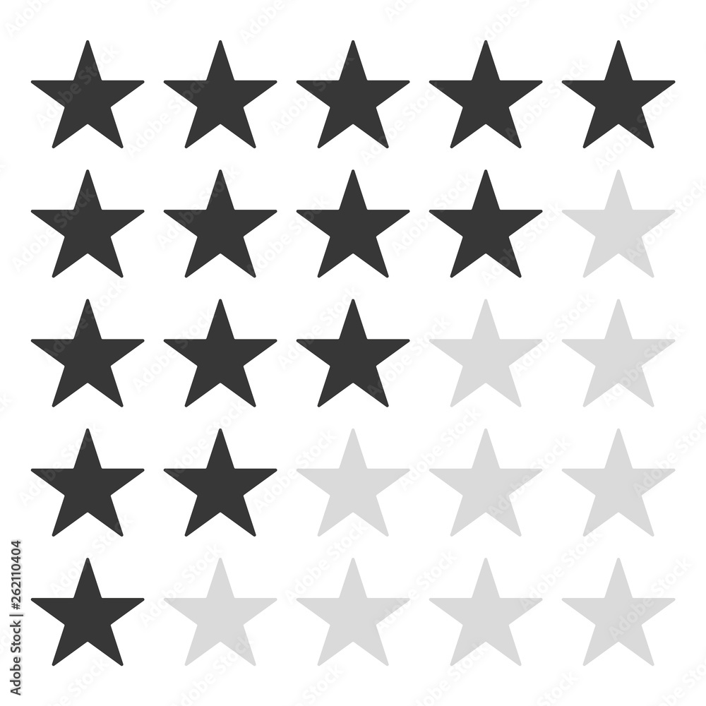 Five grey star rating icon, vector eps10. Rating stars, vector sign.