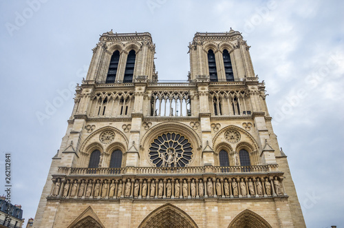 Facade and towers of the Notre Dame Cathedral in Paris