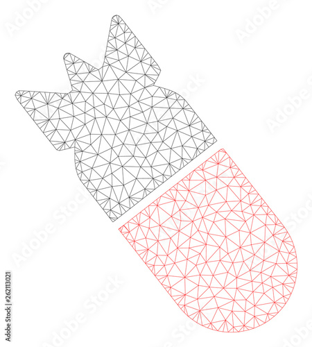 Mesh aviation bomb polygonal 2d illustration. Abstract mesh lines and dots form triangular aviation bomb. Wire frame 2D polygonal line network in vector format isolated on a white background.