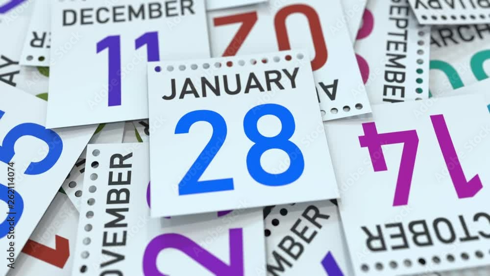 Calendar page shows January 28 date, 3D animation Calendar page shows January 28 date, 3D animation
