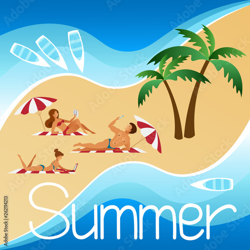 Tropical landscape, background view from above - the beach, palm trees, the sea, young people sunbathe on towels - a guy and two girls in bikinis, white boats on the waves. Flat, vector illustration © Azalita