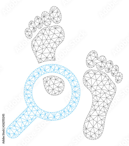 Mesh audit footprints polygonal 2d illustration. Abstract mesh lines and dots form triangular audit footprints. Wire frame 2D polygonal line network in vector format isolated on a white background.