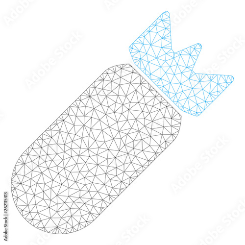 Mesh aviation bomb polygonal icon illustration. Abstract mesh lines and dots form triangular aviation bomb. Wire frame 2D polygonal line network in vector format isolated on a white background.