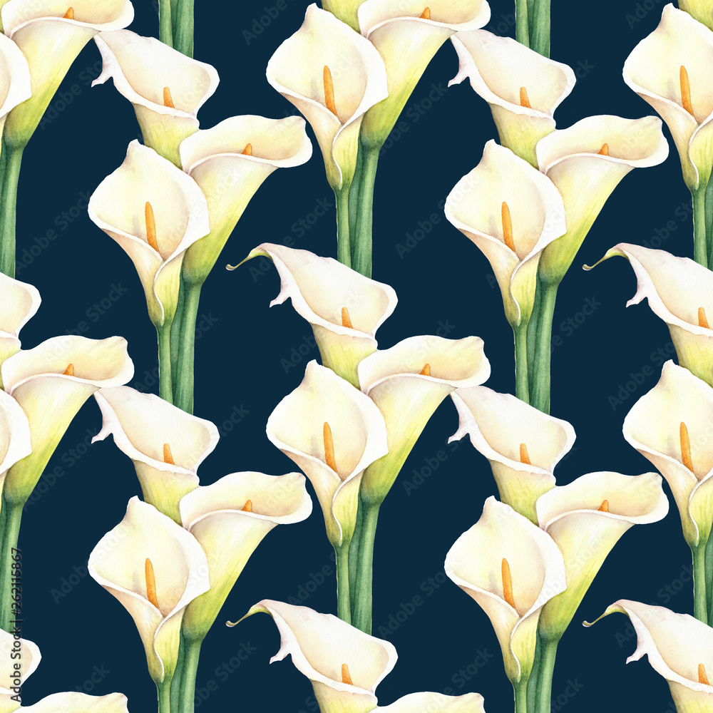 Watercolor white calla lilies flower seamless pattern on dark