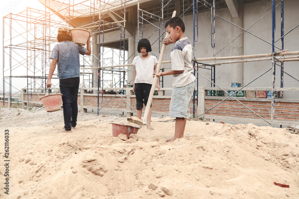 Children working at construction site for world day against child labour concept: Children working at construction site for world day against child labour concept: