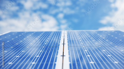3D illustration Solar Panels. Alternative energy. Concept of renewable energy. Ecological, clean energy. Solar panels, photovoltaic with reflection beautiful blue sky. Solar panels in the desert