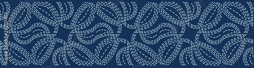 Indigo blue sashiko hand stitch seamless border pattern. Modern japanese style vector illustration. Denim quilt template design. Hand drawn banner ribbon trim. Masculine fashion home decor backdrop.