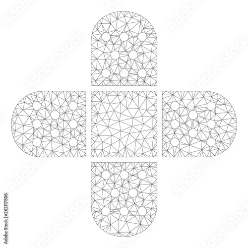 Mesh adhesive patch polygonal 2d illustration. Abstract mesh lines and dots form triangular adhesive patch. Wire frame 2D polygonal line network in vector format isolated on a white background.