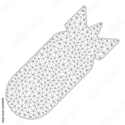 Mesh aviation bomb polygonal icon illustration. Abstract mesh lines and dots form triangular aviation bomb. Wire frame 2D polygonal line network in vector format isolated on a white background.