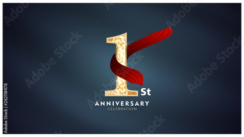 1st Anniversary celebration - Golden numbers with red fabric background