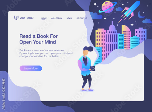 Web design template with man reading a book Flat Illustration with background city and space world landing page