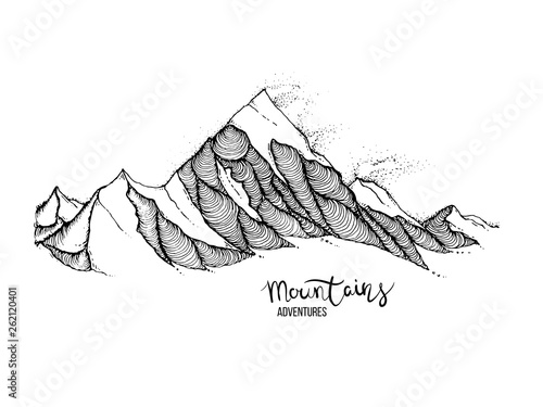 Hand drawn image of a mountain peak, engraving style, grunge textured