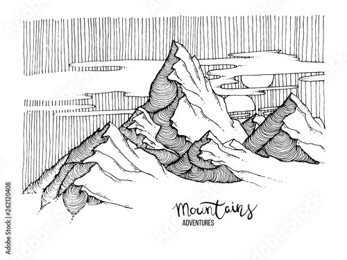 Hand drawn image of a mountain peak, engraving style, grunge textured