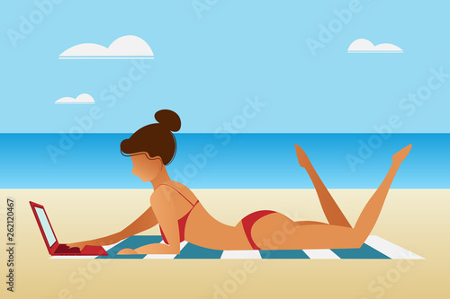 A young tanned woman in a red bikini swimsuit with a laptop lies on a towel near the seashore. The girl relaxes on the beach with a gadget in her hands. Flat style, vector illustration © Azalita