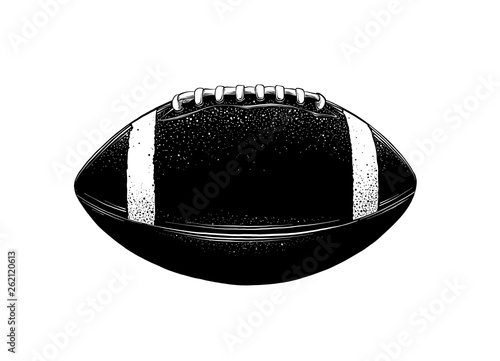 Vector drawing of rugby ball in black color, isolated on white background. Graphic illustration, hand drawing. Drawing for posters, decoration and print. Vector illustration
