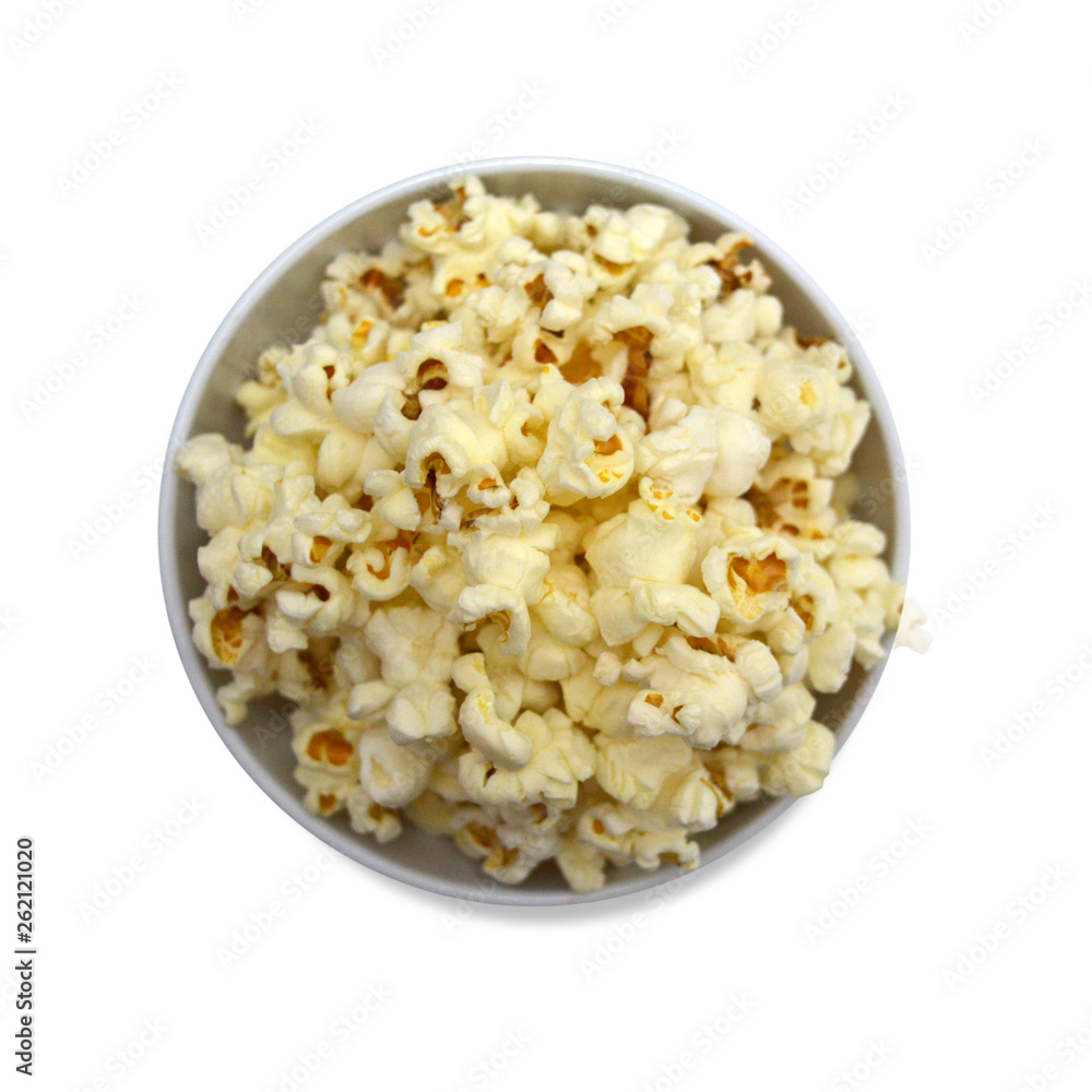 Bowl of popcorn viewed from above.