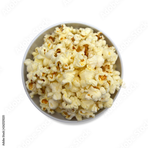 Bowl of popcorn viewed from above.
