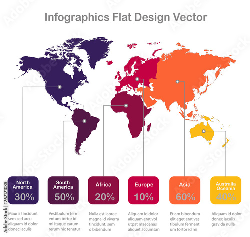 Infographics World maps of continents corolrs on white background red orange icons vector