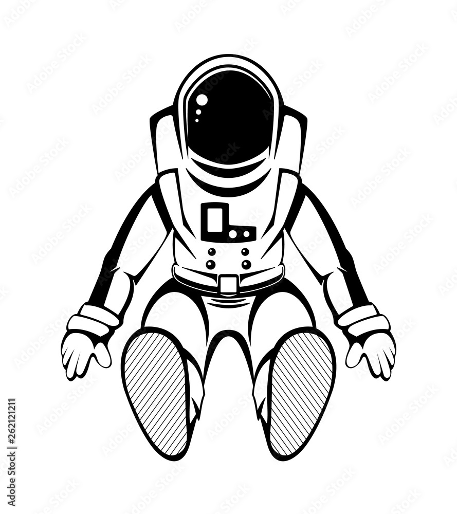 Hand drawn spaceman in black color, isolated on white background. Detailed drawing, for posters, decoration and print. Vector illustration