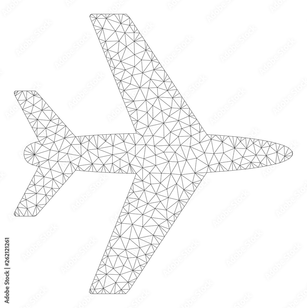 Mesh aircraft polygonal icon illustration. Abstract mesh lines and dots form triangular aircraft. Wire frame 2D polygonal line network in vector format isolated on a white background. Mesh aircraft polygonal icon illustration. Abstract mesh lines and dots form triangular aircraft. Wire frame 2D polygonal line network in vector format isolated on a white background.