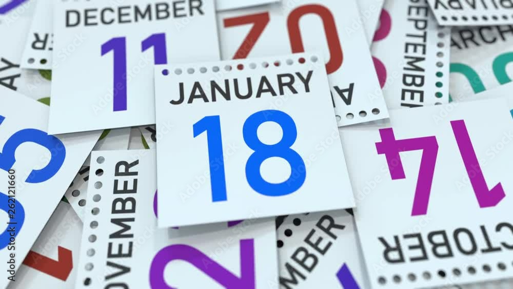 January 18 date on emphasized calendar page, 3D animation January 18 date on emphasized calendar page, 3D animation