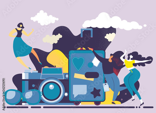 Young happy people going  to vacation. Student vacation concept,Travel object illustration. Vacation concept