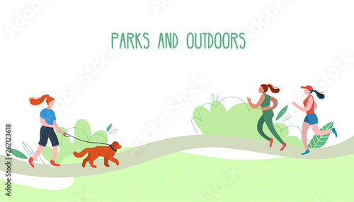 People relaxing in nature in a beautiful urban park. Flat figures of human wolking outdoors.