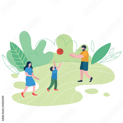 Family relaxing in nature in a beautiful urban park. Flat figures of human wolking outdoors.