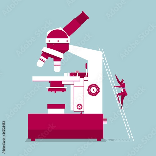 Scientific research uses a microscope. Isolated on blue background.
