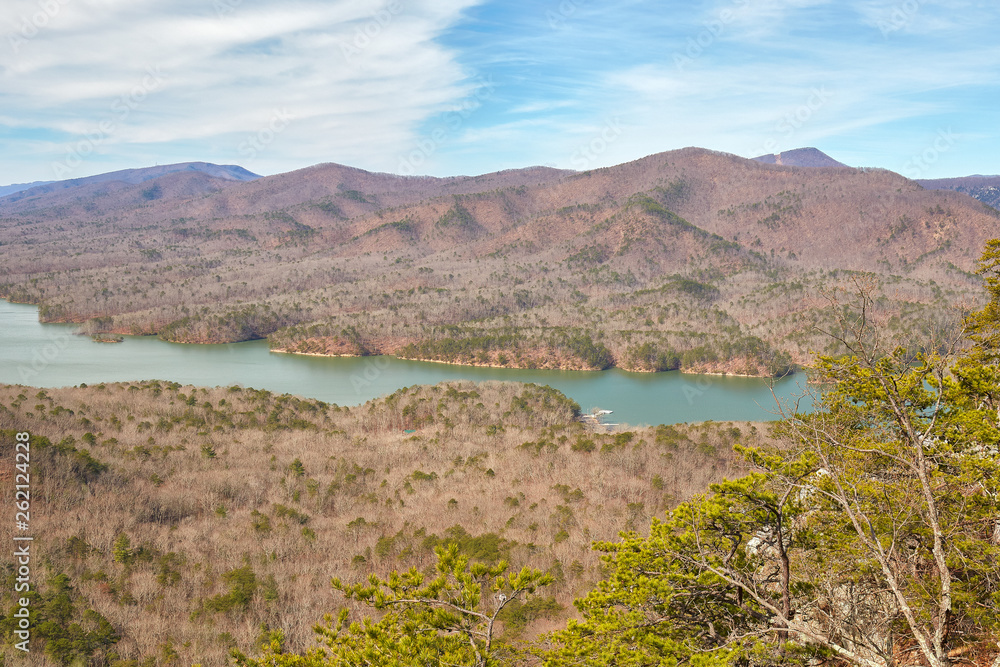 View of Carvins Cove reservoir and surrounding mountains from the Appalachian Trail near Daleville and Roanoke, Virginia