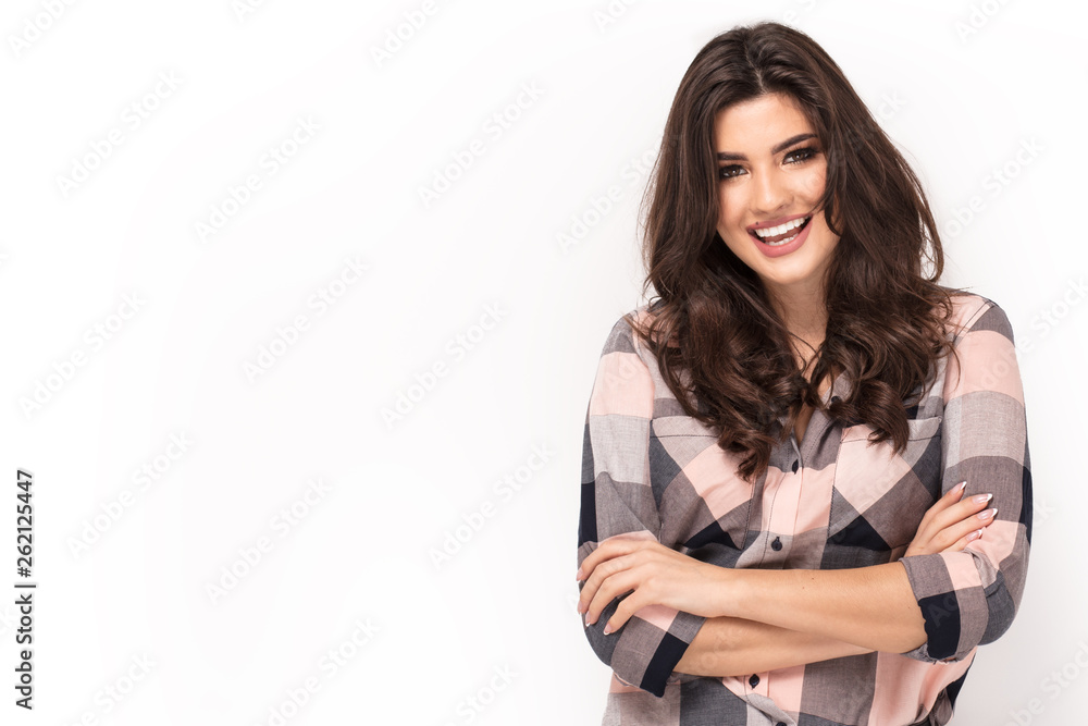 Portrait of smiling happy girl over white background. Portrait of smiling happy girl over white background.
