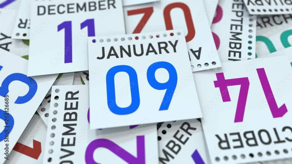 January 9 date on emphasized calendar page, 3D animation January 9 date on emphasized calendar page, 3D animation
