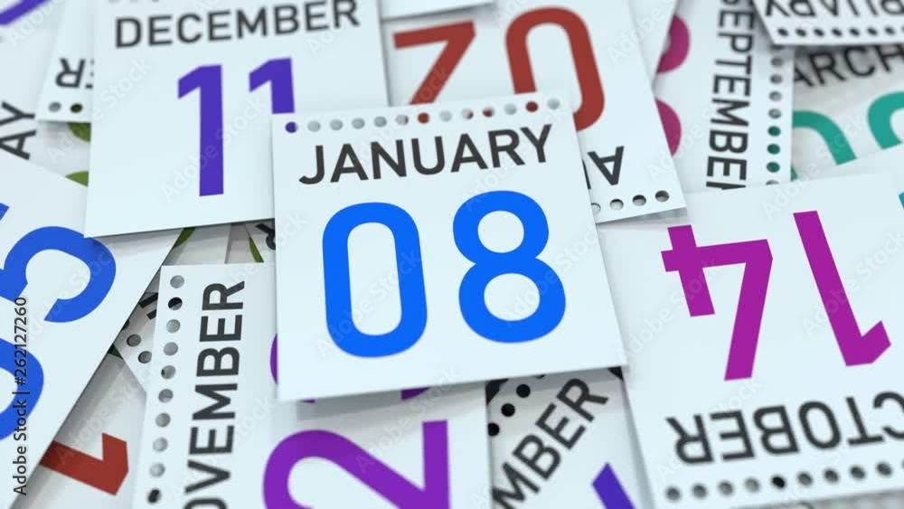 Calendar leaf with January 8 date, 3D animation Calendar leaf with January 8 date, 3D animation