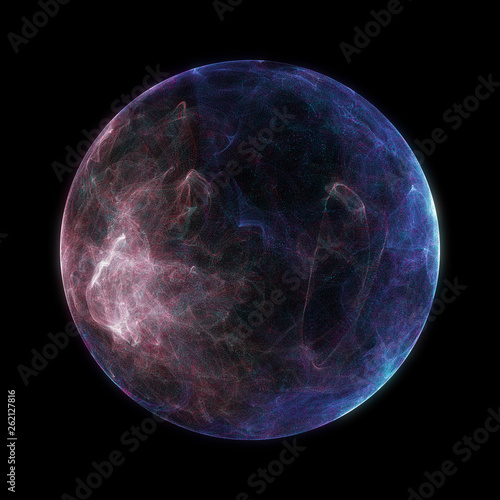 Abstract particle sphere, science background.Virtual flow big binary data visualization. Digital technology planet structure, Glows and particles. 3D render