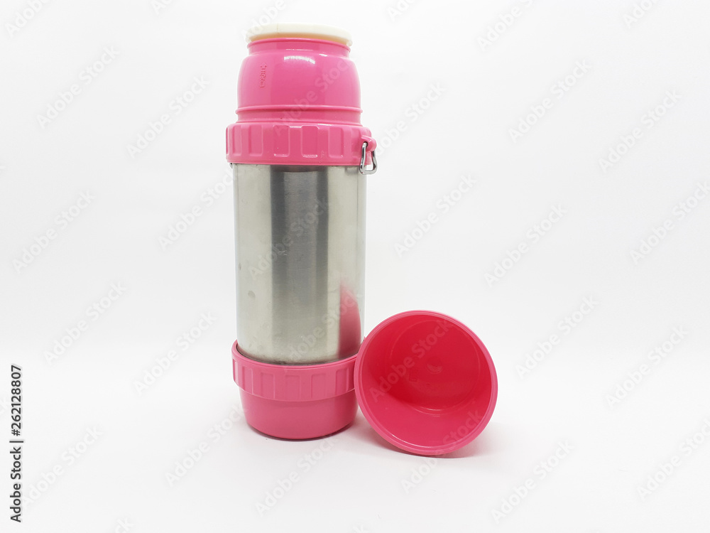 Side view of metallic shiny thermos for hot drinks or food Vacuum flask isolated on white background Side view of metallic shiny thermos for hot drinks or food Vacuum flask isolated on white background
