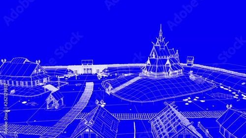 viking village in a drone or bird eye view and blue chroma key