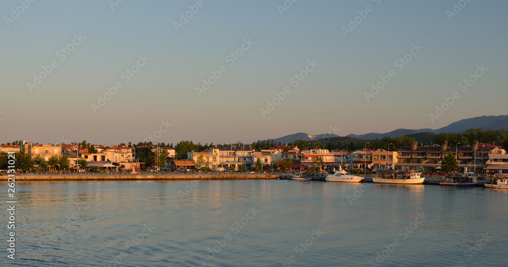 Keramoti, Greece port with boats, promenade view, tavernas, cafe and restaurants