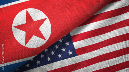 North Korea and United States two flags textile cloth, fabric texture photo