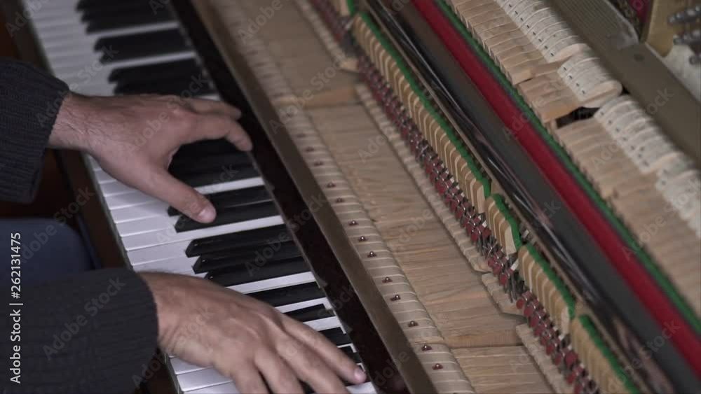 Musician plays open piano, Slow Motion Top View Medium shot with shallow depth of field Musician plays open piano, Slow Motion Top View Medium shot with shallow depth of field