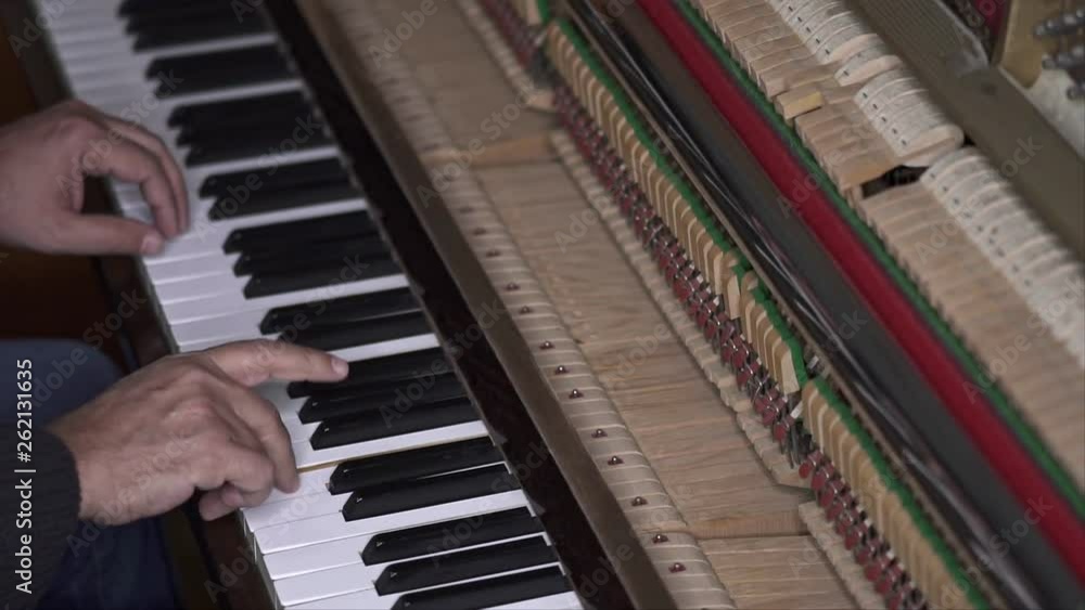 Musician plays open piano, Slow Motion Top View Medium shot with shallow depth of field Musician plays open piano, Slow Motion Top View Medium shot with shallow depth of field